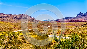 Northshore Road SR167 in Lake Mead National Recreation Area winds through semi desert landscape