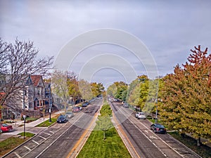 Northward perspective of North Kedzie Boulevard, a tree lined neighborhood street in Chicago.