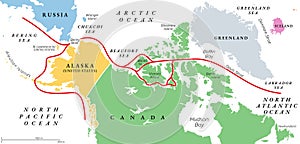 Northwest Passage, NWP, sea lane along North America, political map