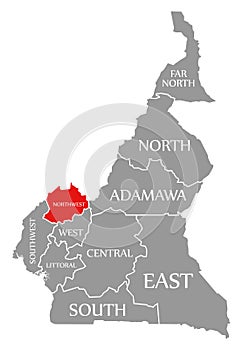 Northwest region red highlighted in map of Cameroon