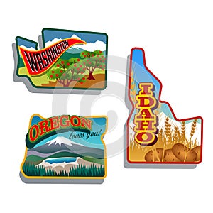 Northwest United States Idaho, Oregon, Washington retro sticker patch designs