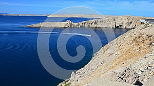 Northwestern view from Pag island bridge, northern Dalmatia, Croatia, Adriatic, on deep blue waters.