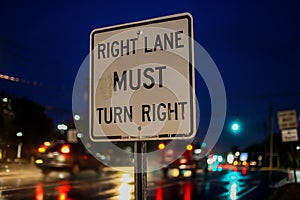 Rainy October morning with road sign and traffic lights photo