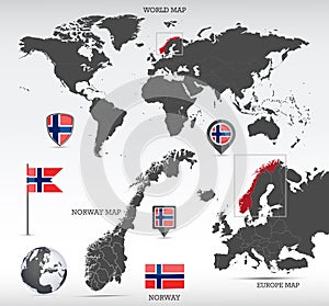 Norway administrative divisions map and Norway flags icon set