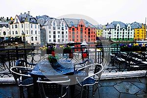 Norway Alesund, Cafe Terrace on a Rainy Day, Travel North Europe