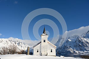 Norway church in Nordland in winter time Lofoten Archipelago