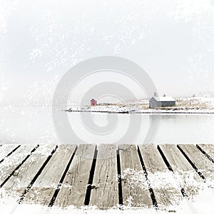 Norway Cottage on winter coast with wooden platform dock with white snow grunge