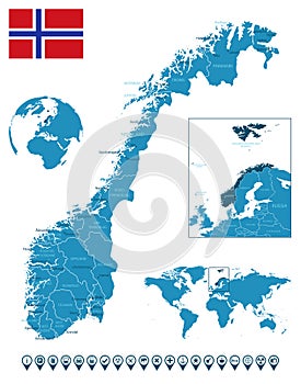 Norway - detailed blue country map with cities, regions, location on world map and globe. Infographic icons