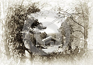 Norway distant farm house in woods sepia background