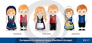 Norway, Finland, Sweden. Men and women in national dress. Set of european people wearing ethnic traditional costume.