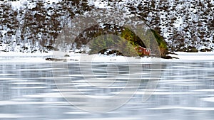 Norway fisherman traditional house winter landscape with heavy snow ,polar circle whether