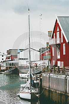 Norway fishing village Henningsvaer, boat and rorbu house Travel Lofoten