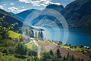 Norway fjord shore, Aurland fjord, beautiful Scandinavian landscape, travel to Norway