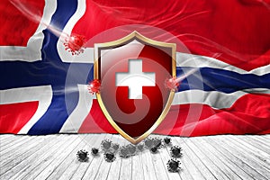 Norway flag with Metal Shiny red shield. virus protection, hygiene shield. virus Vaccine Protection aganst coronavirus, Health