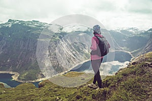Norway hike. Sporty woman near Trolltunga