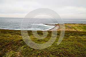Norway landscape with beach of the Northern sea in cloudy weather
