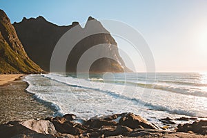 Norway landscape Kvalvika beach ocean and rocks Lofoten islands