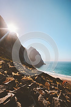 Norway landscape Kvalvika sandy beach sea and rocks in Lofoten islands