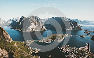 Norway landscape Reinebringen mountain aerial fjord sea view