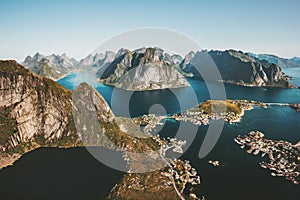 Norway Landscape Reinebringen mountain aerial view Lofoten islands photo