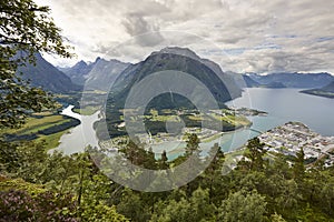 Norway landscape. Romsdal fjord, Rauma river and Romsdal mountains. Andalsnes