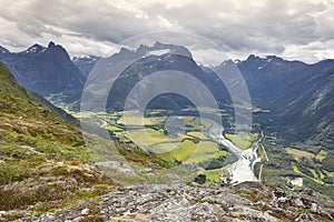 Norway landscape. Romsdal fjord, Rauma river and Romsdal mountains. Andalsnes.