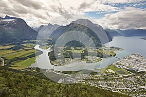 Norway landscape. Romsdal fjord, Rauma river and Romsdal mountains. Andalsnes.