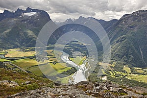 Norway landscape. Romsdal fjord, Rauma river and Romsdal mountains. Andalsnes