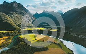 Norway landscape Romsdal mountains aerial view valley and river travel scenery