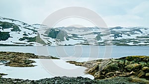 Norway landscape of snowcapped mountain and lake photo