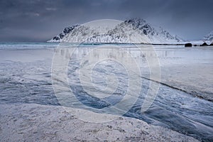 Norway landscape in winter time , polar surfing in Skagsanden beach