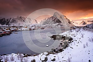 Norway landscape in winter time Reine fisherman village