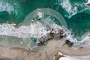Norway Lofoten Flakstad surfing beach aerial landscape in winter time