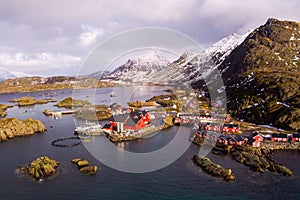 Norway Lofoten morsund aerial panoramic  landscape in winter time and mountains covered in snow