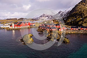 Norway Lofoten morsund aerial panoramic  landscape in winter time and mountains covered in snow