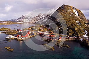 Norway Lofoten morsund aerial panoramic  landscape in winter time and mountains covered in snow