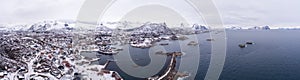 Norway Lofoten Svolvaer aerial panoramic  landscape in winter time and mountains covered in snow