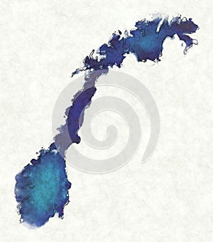 Norway map with drawn lines and blue watercolor illustration