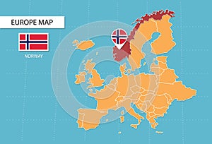 Norway map in Europe, icons showing Norway location and flags