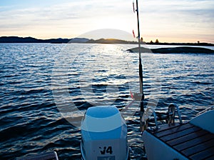 Norway Motorboat traveling the fjords during the winter time. Rogaland Norway