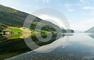 Norway, mountain fjord sea view, rural green landscape