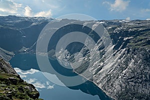 Norway, mountain lake landscape, Ringedalsvatnet lake panorama near Trolltunga