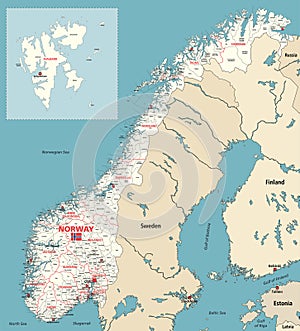 Norway municipalities high detailed vector map colored by administrative regions (counties), with neighbouring countries and terri