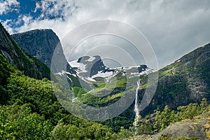 Norway nature with green mountain slopes and waterfalls in Briksdal