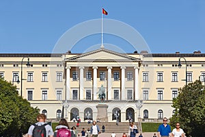 Norway. Oslo Royal Palace facade with people. Sunny day