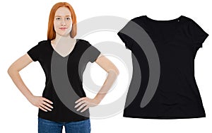 Norway red hair girl in black t-shirt mock up set, black t shirt close up front view