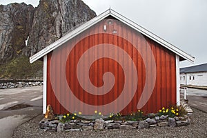 Norway rorbu houses and mountains rocks over fjord landscape scandinavian travel view Lofoten islands