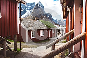 Norway rorbu houses and mountains rocks over fjord landscape scandinavian travel view Lofoten islands. Natural scandinavian