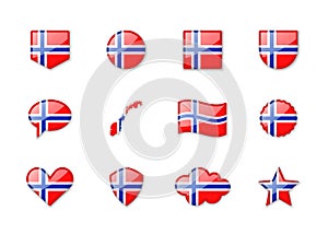 Norway - set of shiny flags of different shapes.