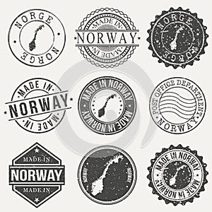 Norway Set of Stamps. Travel Stamp. Made In Product. Design Seals Old Style Insignia.